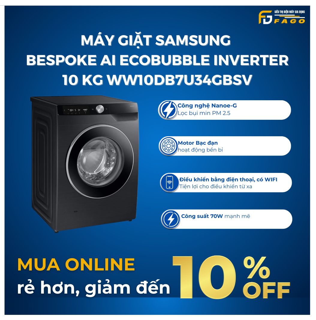 Máy giặt Samsung Bespoke AI EcoBubble Inverter 10 kg WW10DB7U34GBSV
